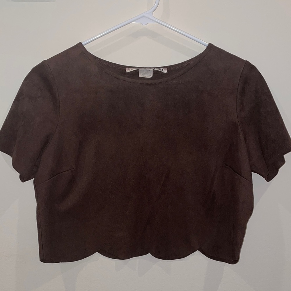 Brown suede scalloped crop top